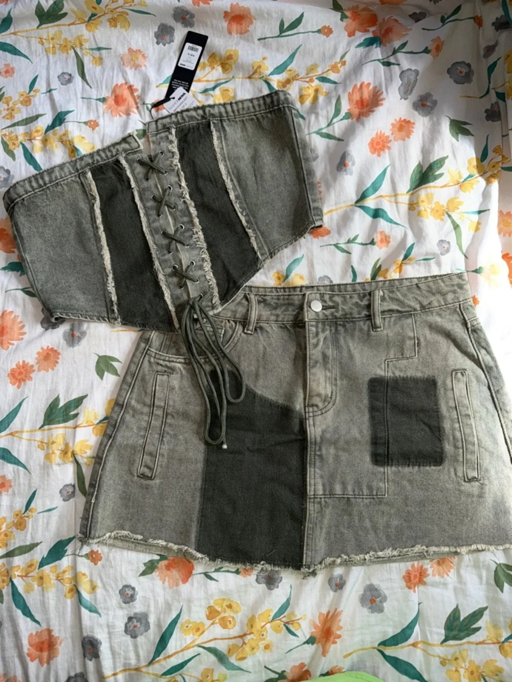 Fashion Nova Olive Patchwork Denim Mini Skirt NWT